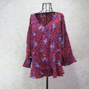 HANNAH Orange Floral Ruffle Accents Blouse Top